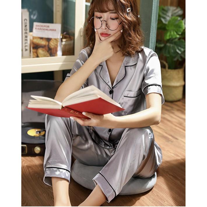 Silk Pajama Terno Long Pants Sleepwear Set Korean Home Wear Lounge Wear  Women Lingerie Clothing