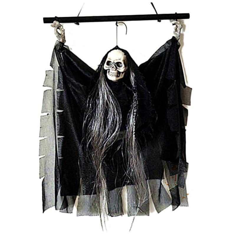 Halloween Props Party Bar KTV Decoration Voice Activated Hanging Skull Skeleton Ghost with Glowing Red Eyes and Sound Effects Black