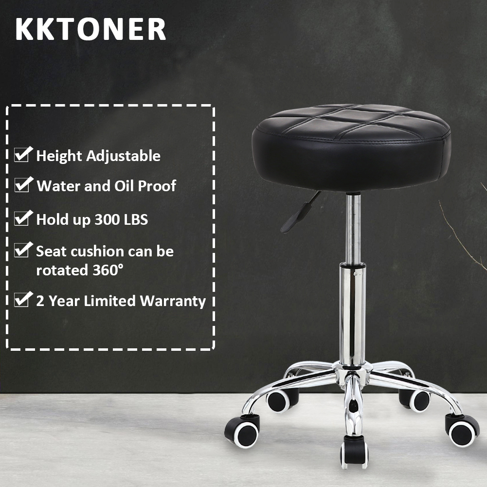KKTONER Round Rolling Stool Chair PU Leather Height Adjustable Shop Stool  Swivel Drafting Work SPA Medical Salon Stools with Wheels Office Chair Black