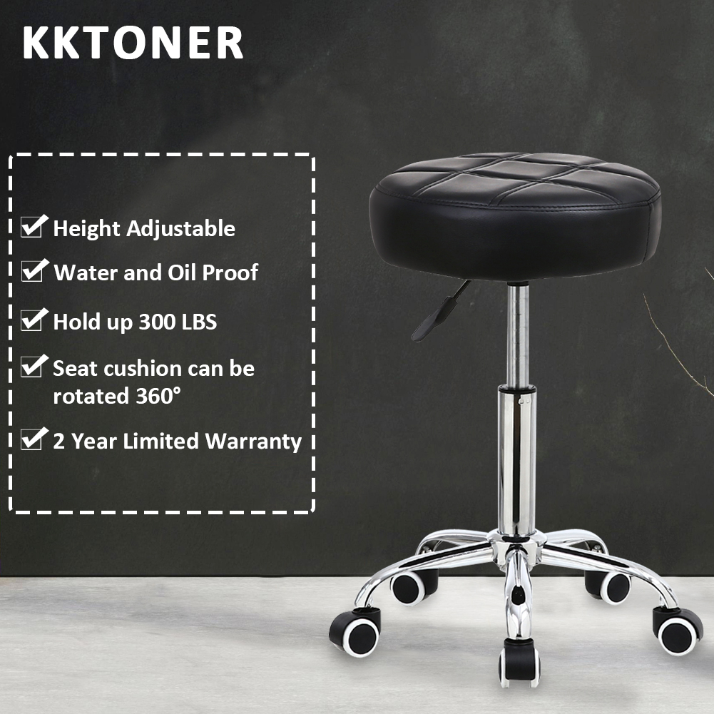 KKTONER Round Rolling Stool Chair PU Leather Height Adjustable Shop Stool Swivel Drafting Work SPA Salon Stools with Wheels Office Chair Black Lazada PH