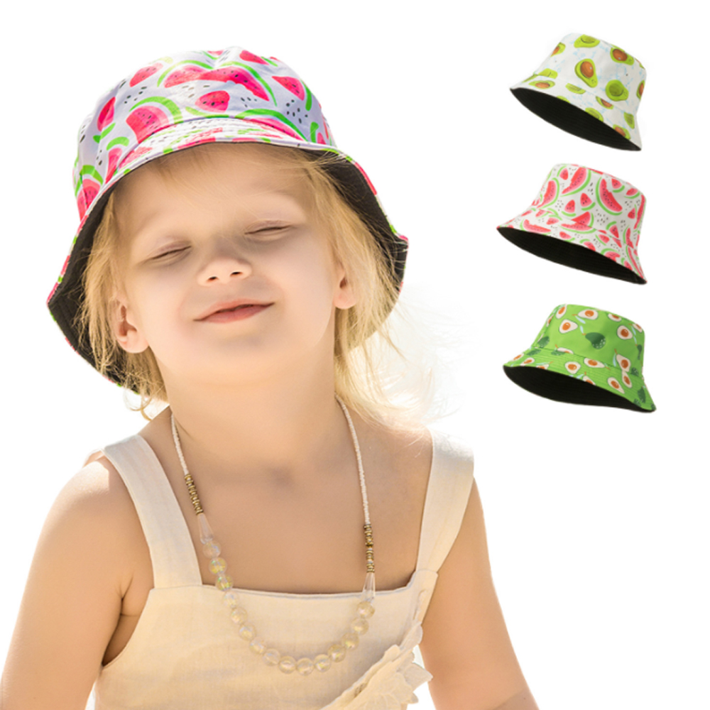 BANGU03AS เด็กเด็กผู้ชายเด็กผู้หญิง UV ป้องกันผ้าฝ้ายผลไม้พิมพ์หมวกทรงบักเก็ต Breathable หมวกชายทะเลเด็กหมวกบังแดด