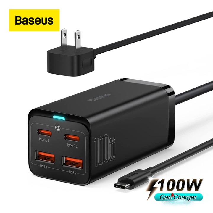 Baseus 100w gan3 pro usb c charger 4-ports desktop fast charger with 5ft ac cable for macbook pro/air iphone 13/12 ipad pro samsung galaxy - midas store