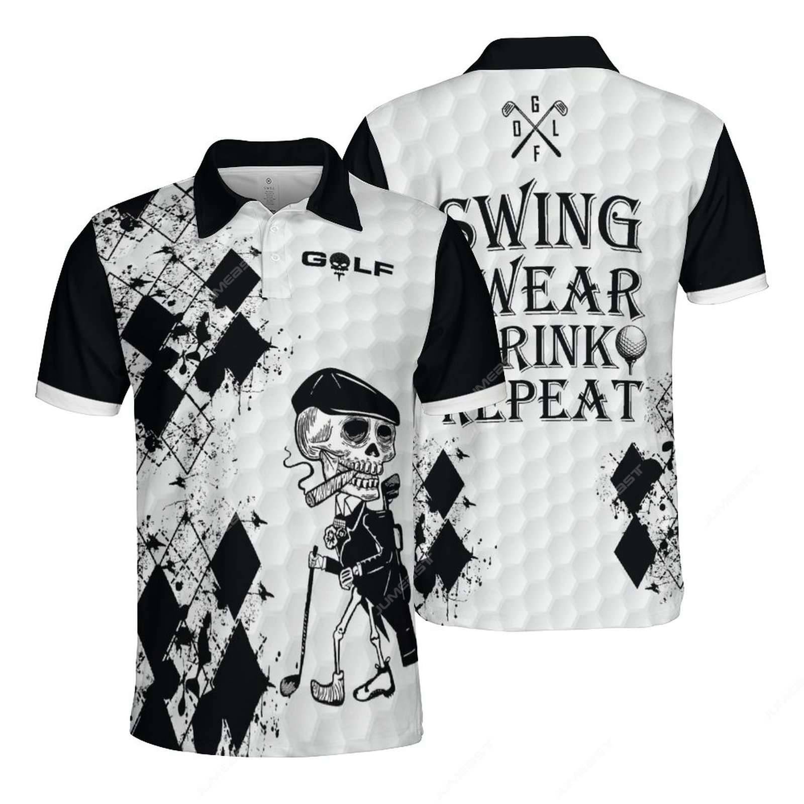 Jumeast Golf Polo Shirts Swing Swear Look For Ball Repeat Skull Men White