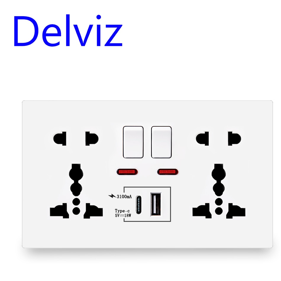 Phích cắm tường Delviz Type-C 18W, Giao diện sạc nhanh thông minh 4A, Ổ cắm kép đa năng, Điều khiển công tắc, Ổ cắm điện Cổng USB 1A1C
