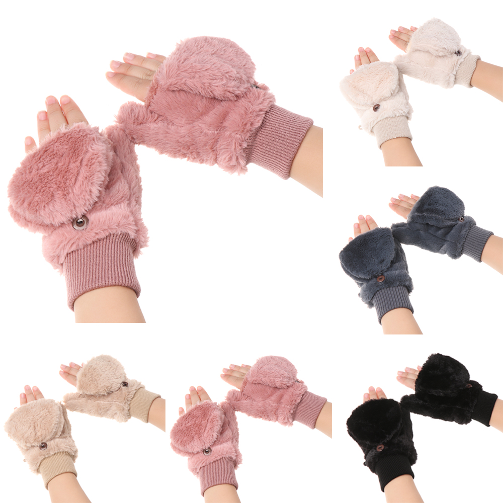 F8C503Y New Fashion Plus Velvet Soft Stretch Windproof Thicken Warm Faux Fur Gloves Plush Mittens Flip Type Gloves