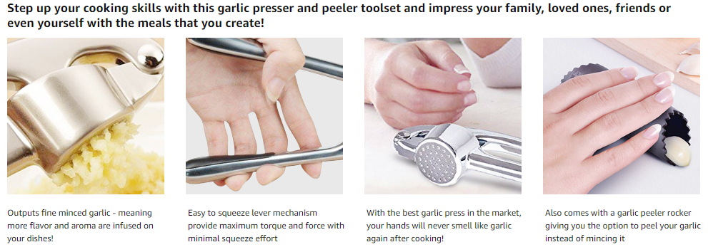 ORBLUE Garlic Press, Stainless Steel Mincer and Crusher with Garlic Rocker and Peeler Set