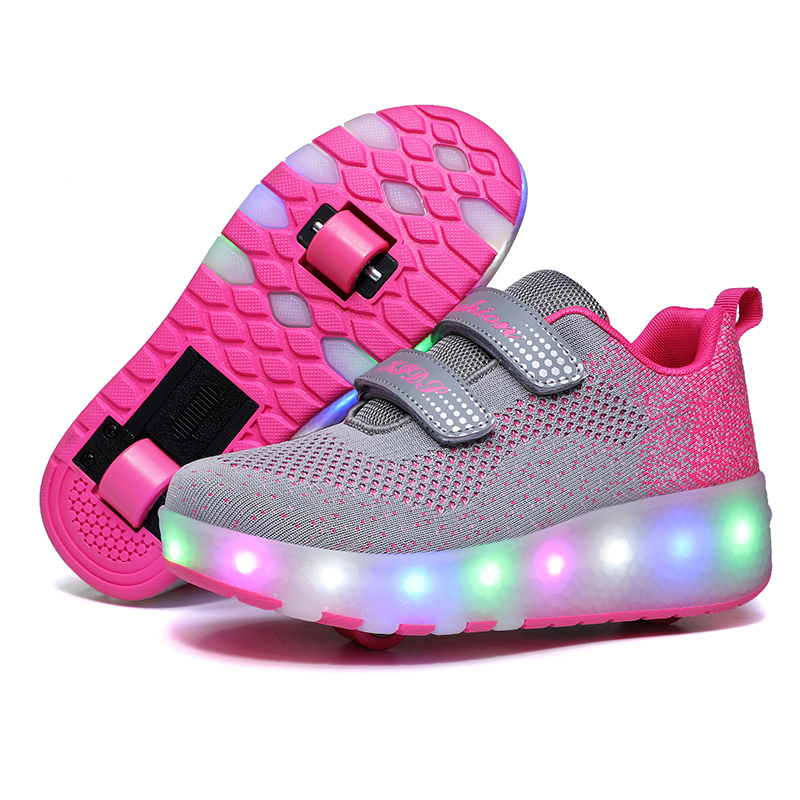 Churlin Kids Boys Girls LED Roller Skates Shoes Girls Boys Double Wheels Shoes Technical Skateboarding Shoes Outdoor Running Sneaker with 7 Colors Changing USB Charging 