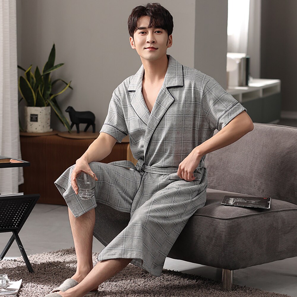 Sp áo choàng tắm mùa hè cho nam đồ ngủ ngắn tay áo choàng cotton cho nam kimono kẻ sọc sang trọng áo choàng tắm hơi khách sạn ngoại cỡ