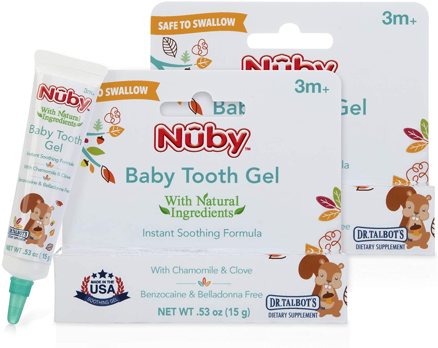 2 Pack benzocaine Free Nuby Natural Baby Tooth Gel for Sore Gums 1.06 Oz Belladonna Free 