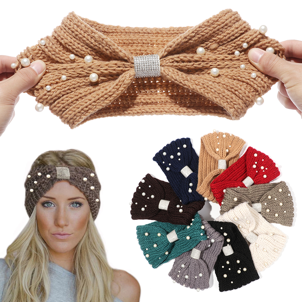 SIKONG Fashion Hair Accessories Knitting Pearl Winter Headbands Stretch Turban Ear Warmer Headwear