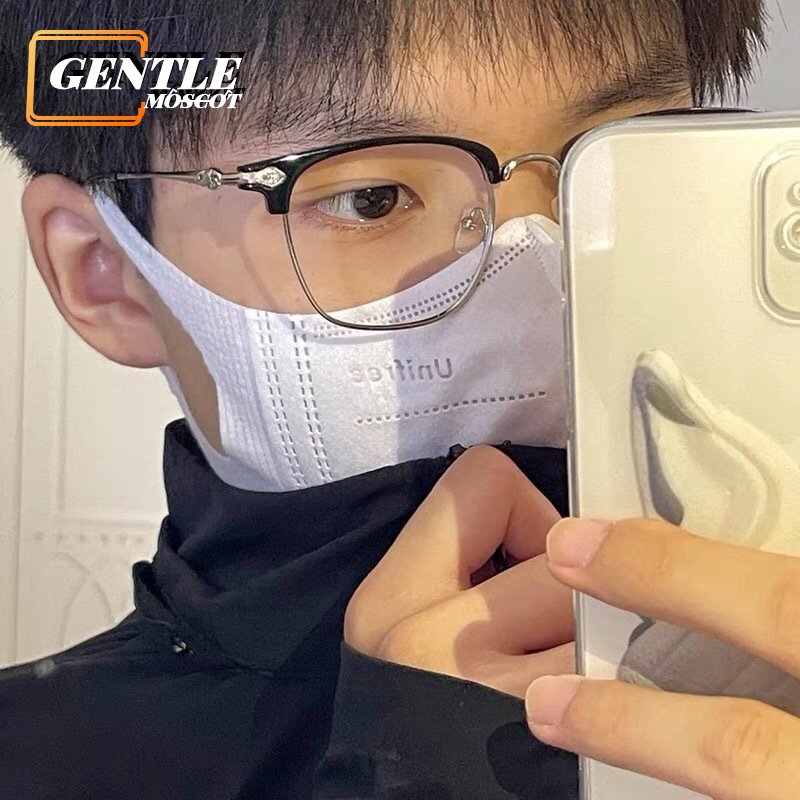 (GENTLE MOSCOT) Kính mắt chống bức xạ phong cách Hàn Quốc Harajuku dành cho nam giới Kính cổ điển kim loại nửa khung cho Unisexex