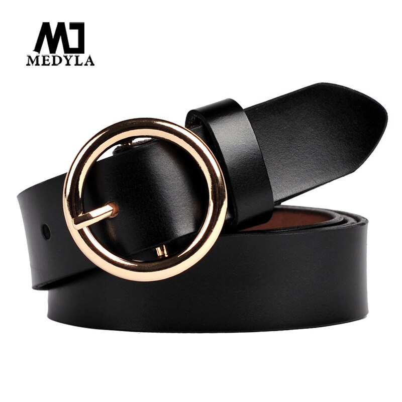 MEDYLA Women s Leather Belt Gold Round Buckle Natural Leather Belts for