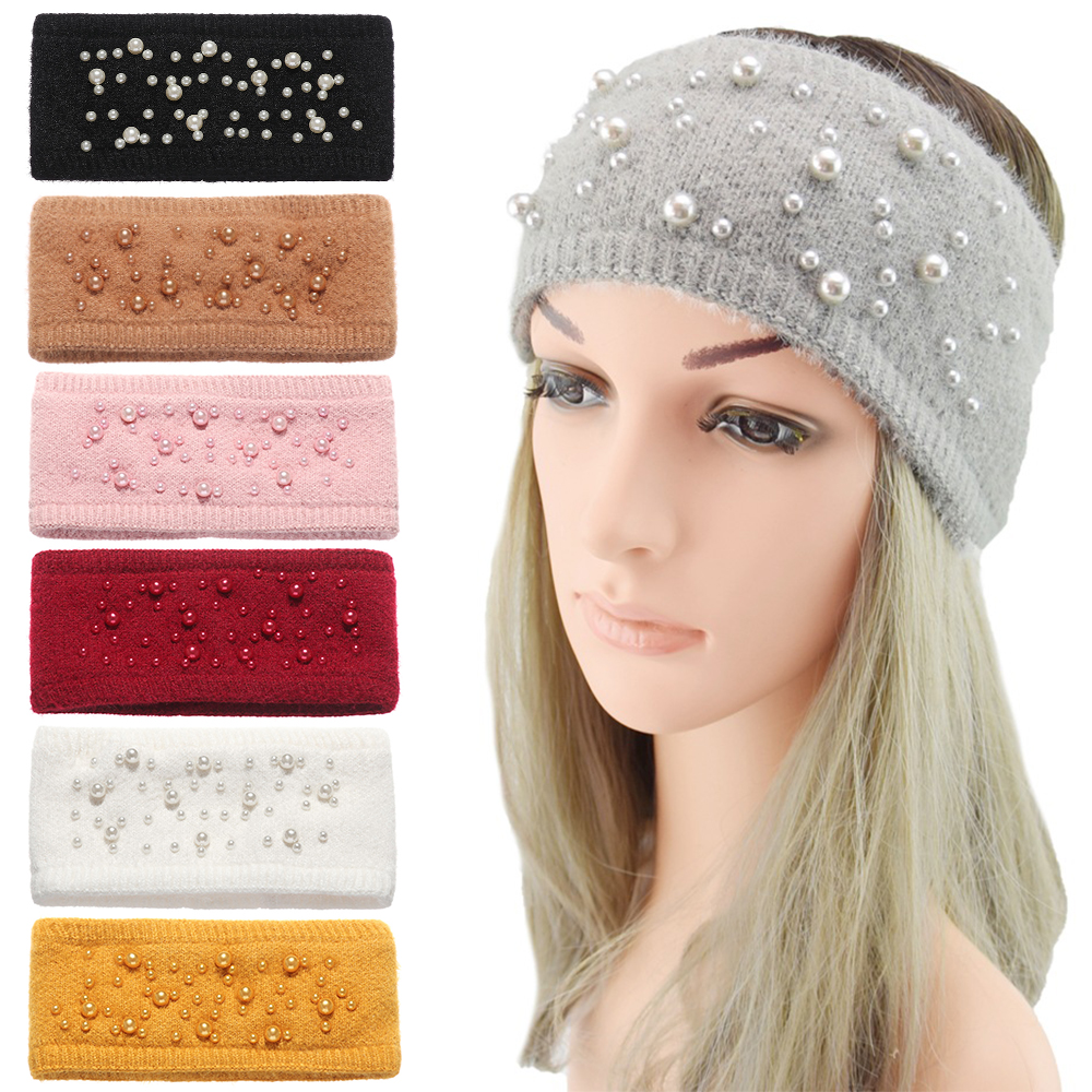 F8C503Y Women Girls Pearl Knitted Wide Stretch Turban Ear Warmer Winter Headbands Headwear