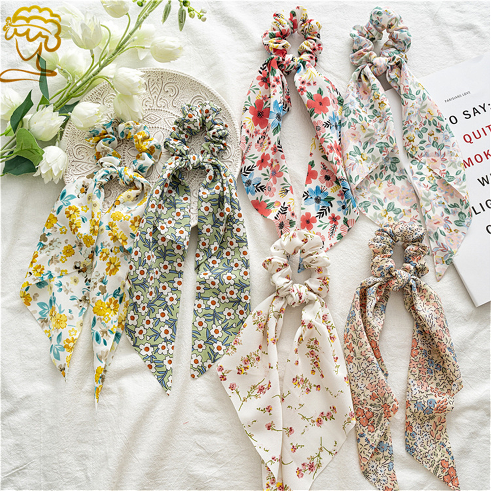 PAN6303936269 Fashion Bow Ribbon Scrunchie Hair Accessories Boho Floral Print Scrunchies Elastic Hair Bands Ponytail scarf Long Ribbon Hair Tie