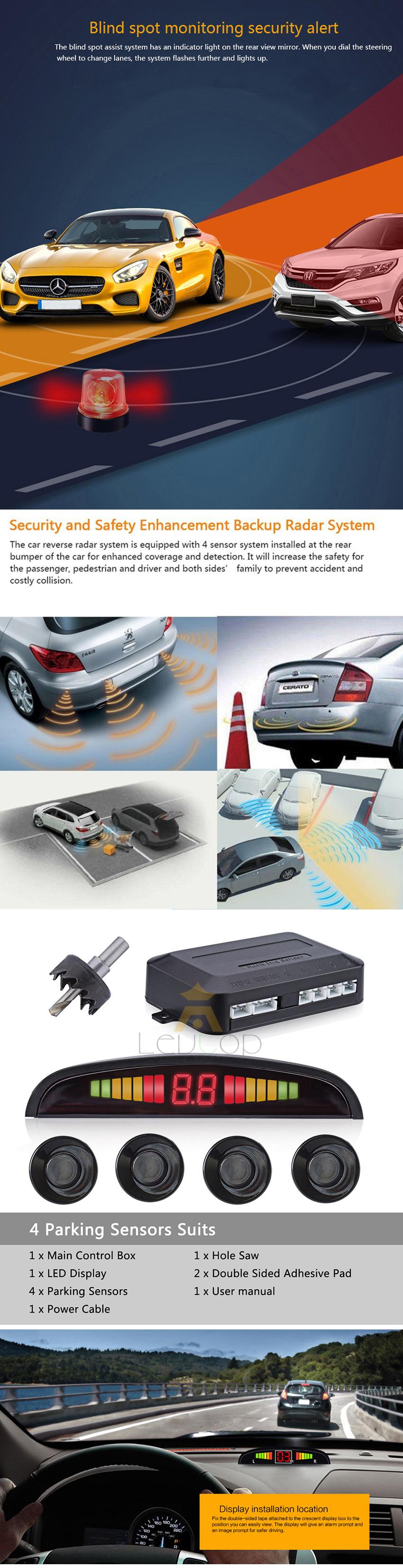 Wireless 4 Parking Sensors LED Display Vehicle Car Backup Reverse Radar System