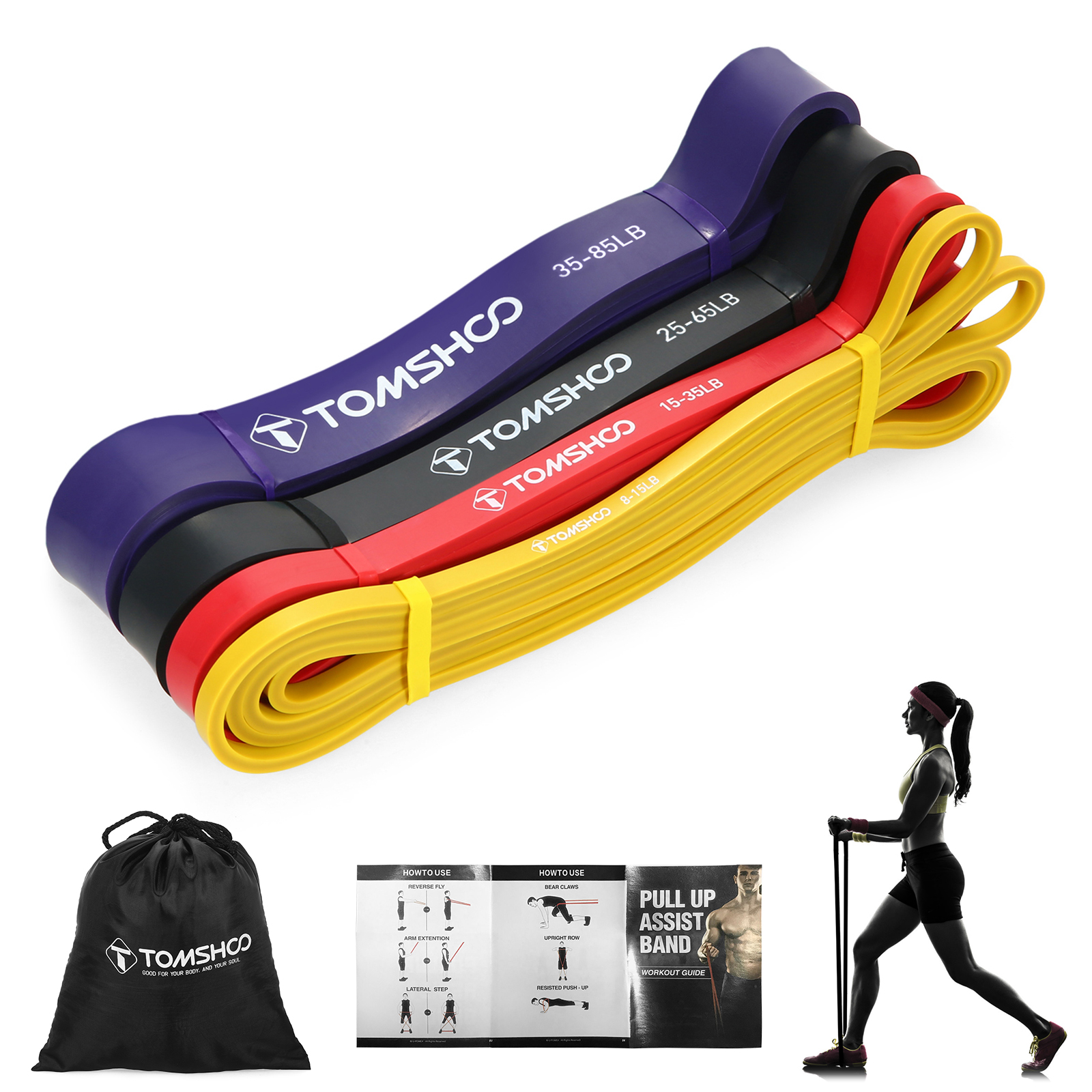 TOMSHOO ดึงวงดนตรี Assist Band วงความต้านทาน Powerlifting ออกกำลังกายยางยืดออกกำลังแบบแผ่นพร้อมกระเป๋าใส่โน๊ตบุ๊คแบบพกพา