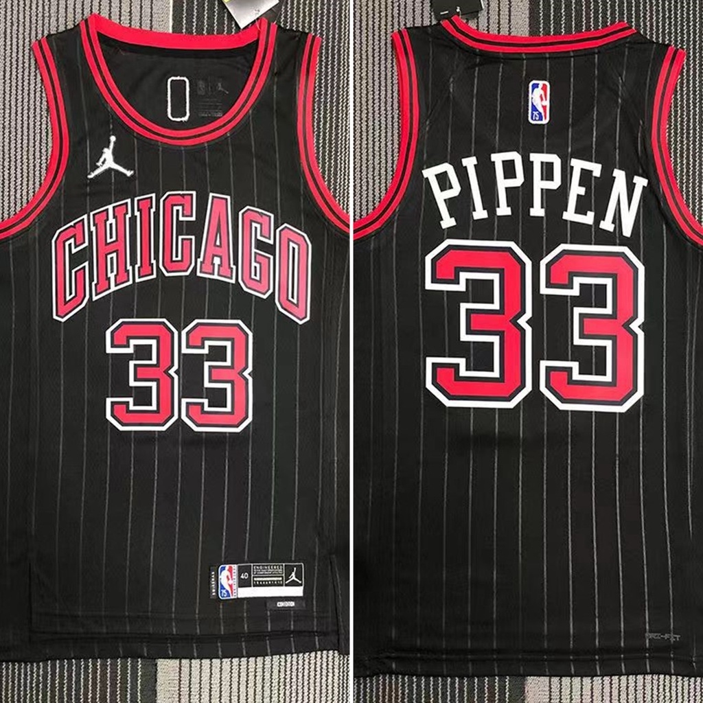 2021-22 New Original NBA Chicago Bulls 33 Scottie Pippen 75th Anniversary  Diamond Heat-pressed Retro Statement Edition Jersey Stripe Black