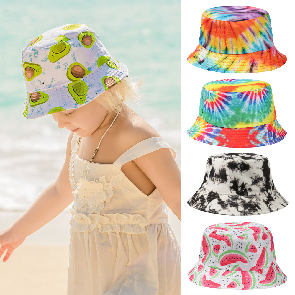 BANGU03AS เด็กเด็กผู้ชายเด็กผู้หญิง UV ป้องกันผ้าฝ้ายผลไม้พิมพ์หมวกทรงบักเก็ต Breathable หมวกชายทะเลเด็กหมวกบังแดด