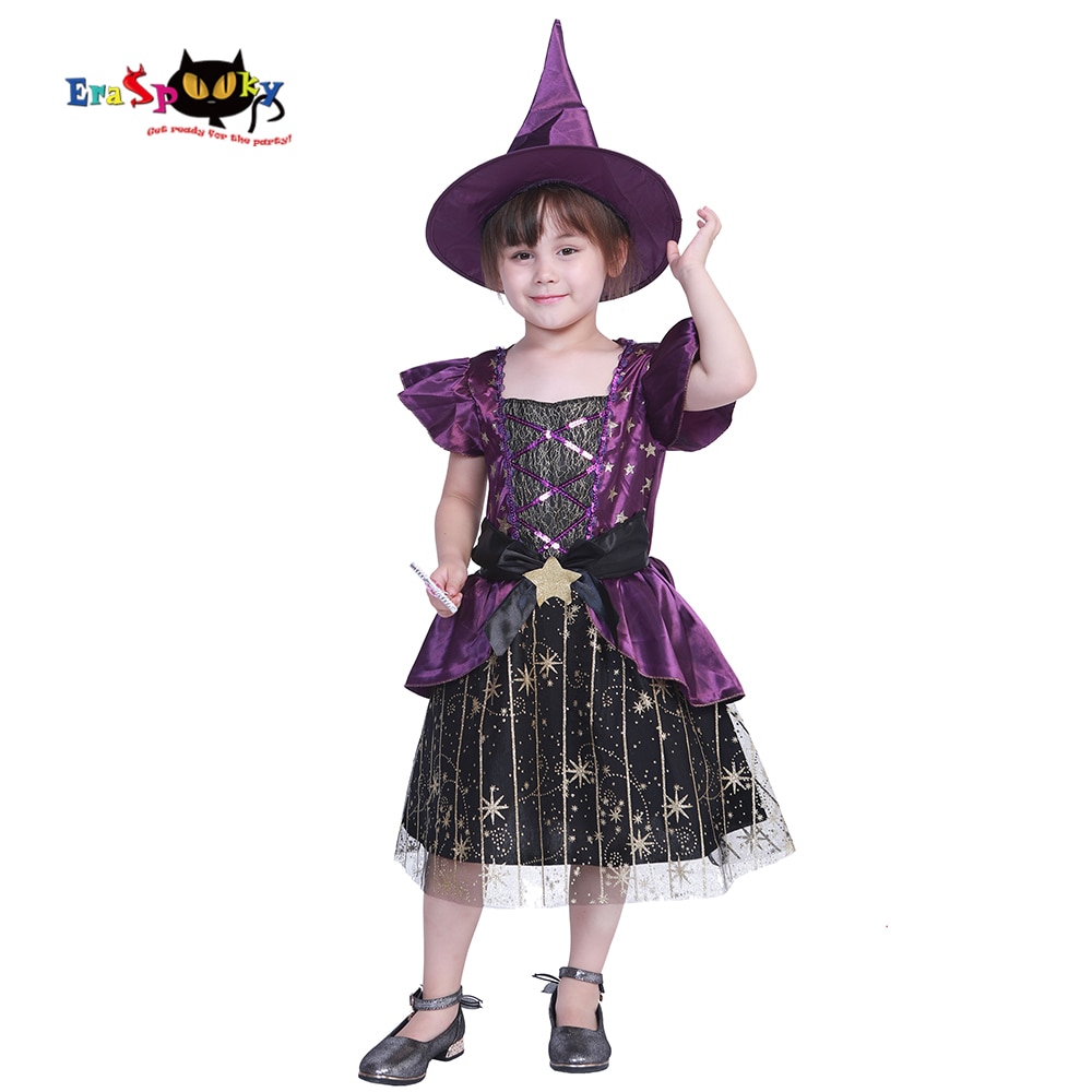 Kids Shiny Star Witch Hat Costume Girls Halloween Party Dress