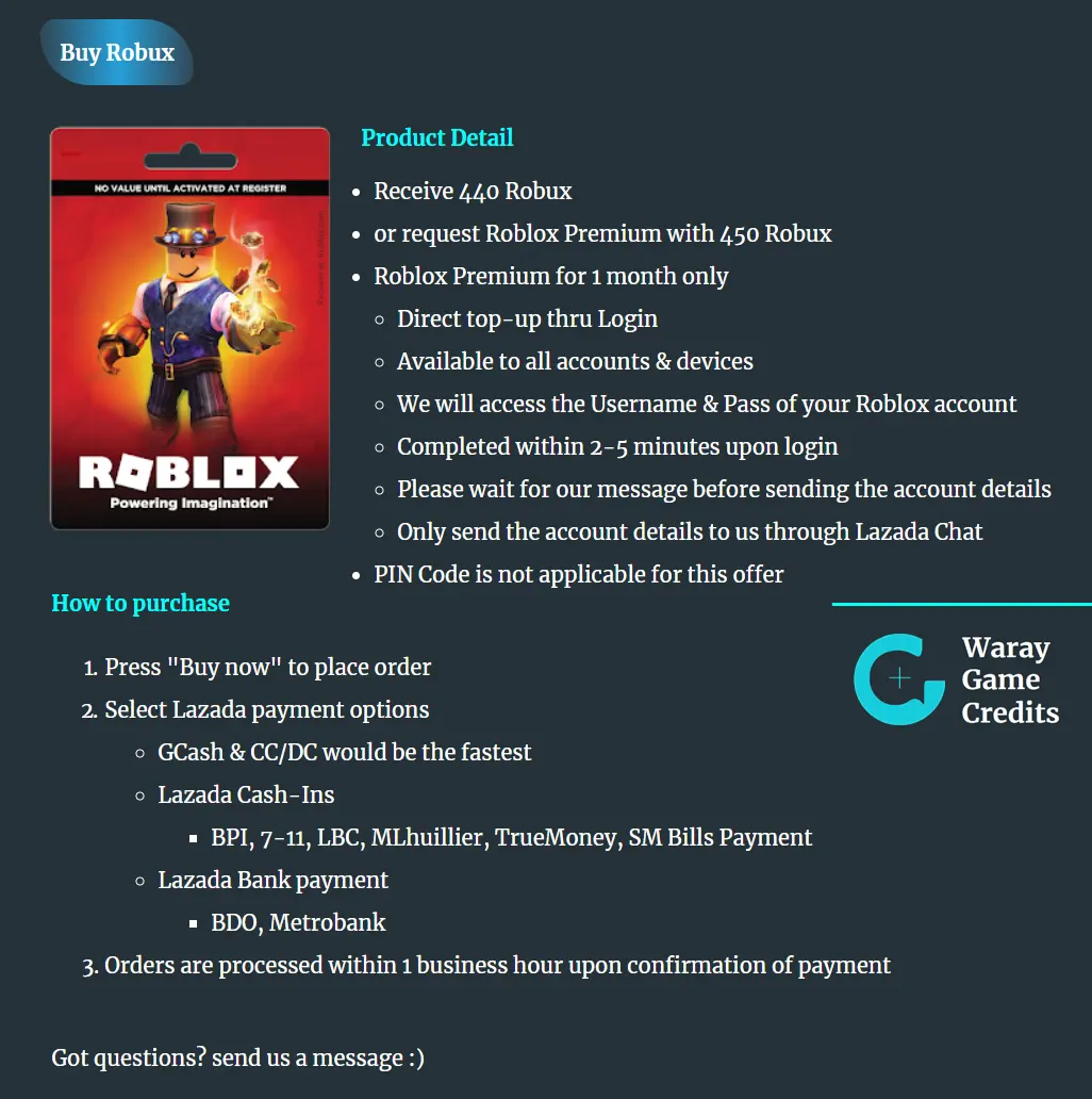 5 Roblox Credit 440 Robux Premium 450 Direct Credit No Code Gift Card Lazada Ph - 80 robux purchase with roblox card