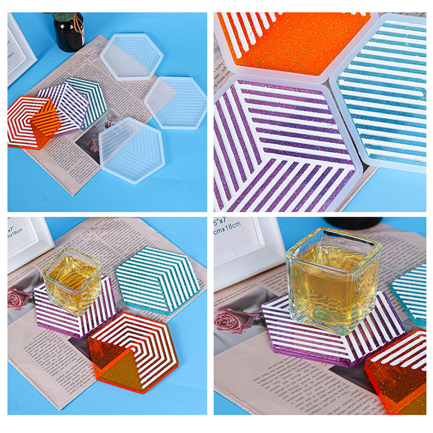 HONEYDEWD Handmade Resin Moulds Casting Silicone Tray Mould Geometric Stripe Tea Tray Coasters