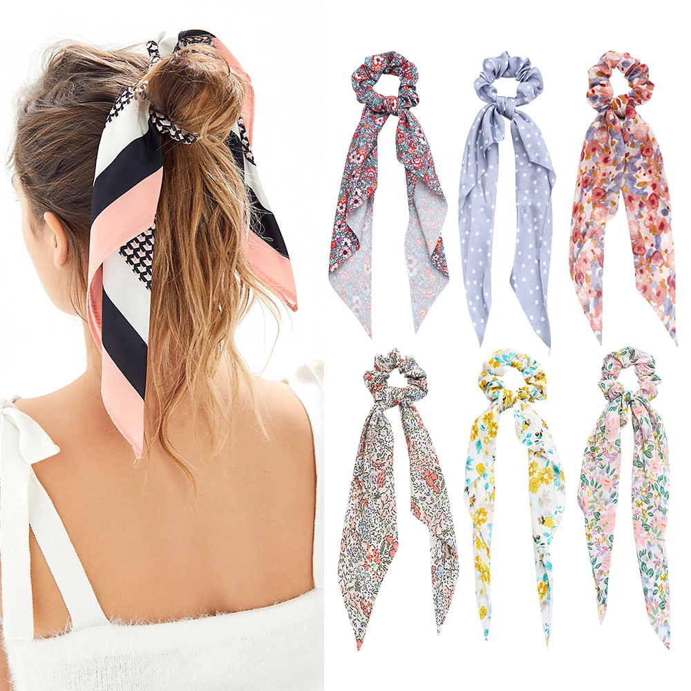 ZBRTDR แฟชั่นโบว์ริบบิ้น Scrunchie อุปกรณ์เสริมผม Boho ดอกไม้พิมพ์ Scrunchies ริบบิ้นยาวยางรัดผมหางม้าผ้าพันคอผมวงยืดหยุ่น