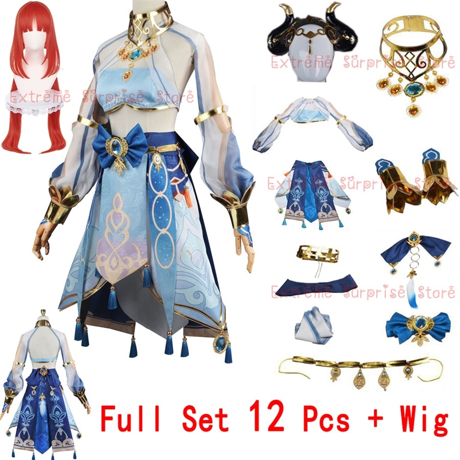 Genshin Impact Nilou Cosplay Costume Full Set 12Pcs Uniform Genshin Nilou Cosplay Wig Heat Resistant Synthetic Wigs