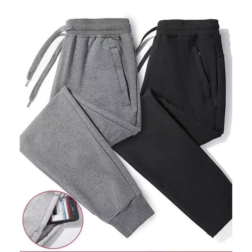 Unisex Plain Cotton Jogger Pants Makapal Tela With Zipper for Pocket H&T