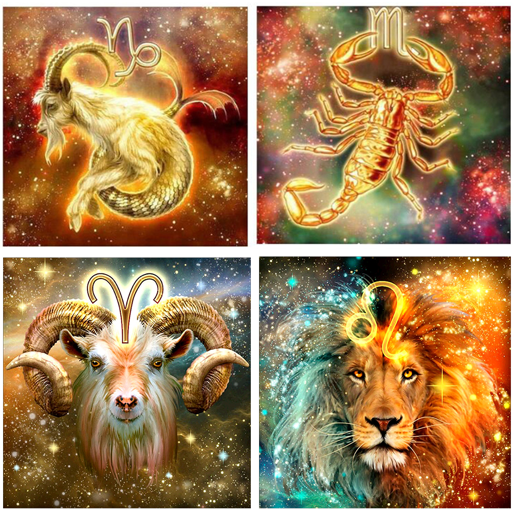 Lion Handcraftของแต่งบ้านปักCross Stitch 5Dภาพวาดเพชร12 ConstellationsคริสตัลRhinestone