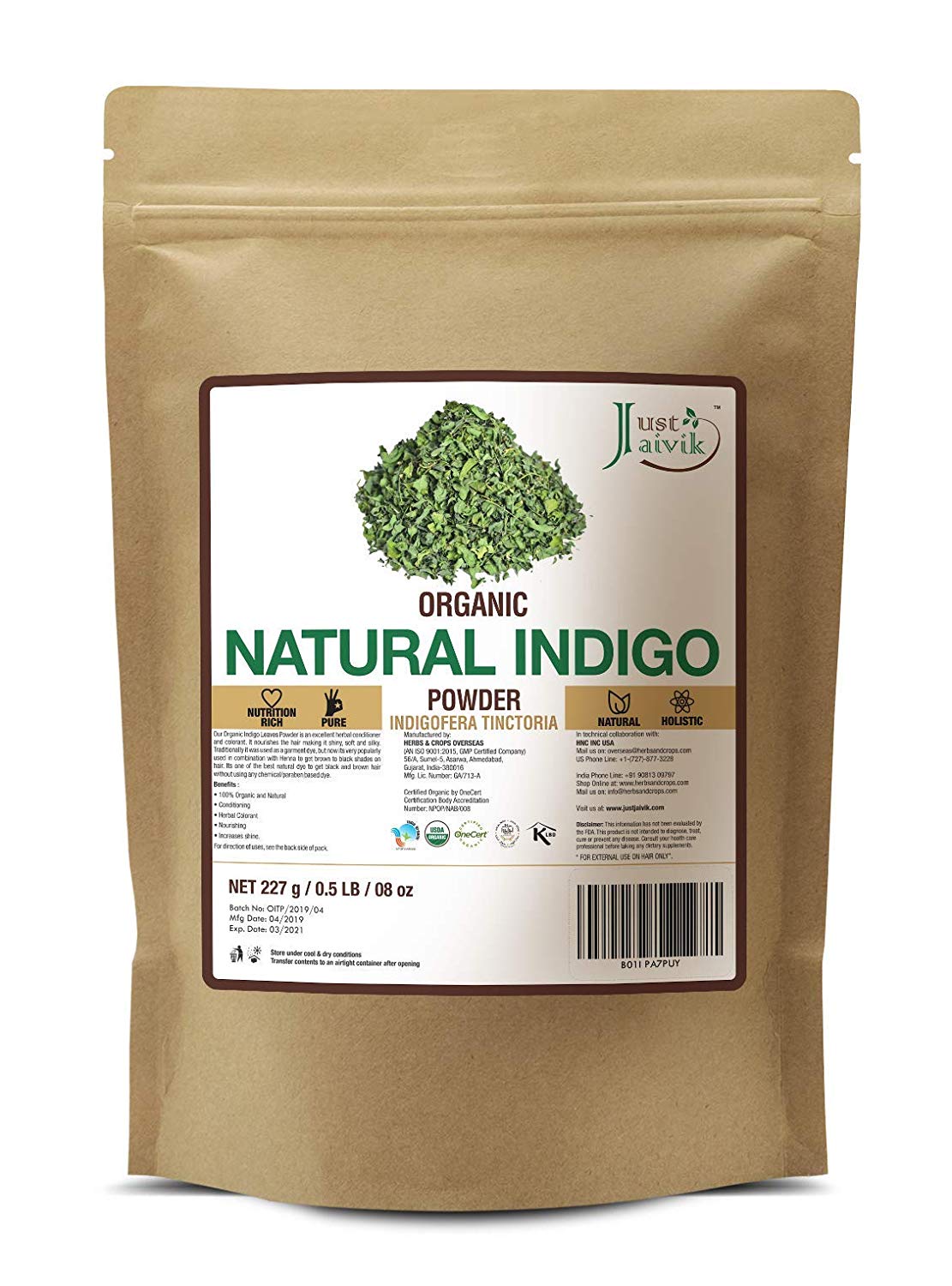 Just Jaivik 100 Organic Indigo Powder 227 Gms 1 2 Lb Pound