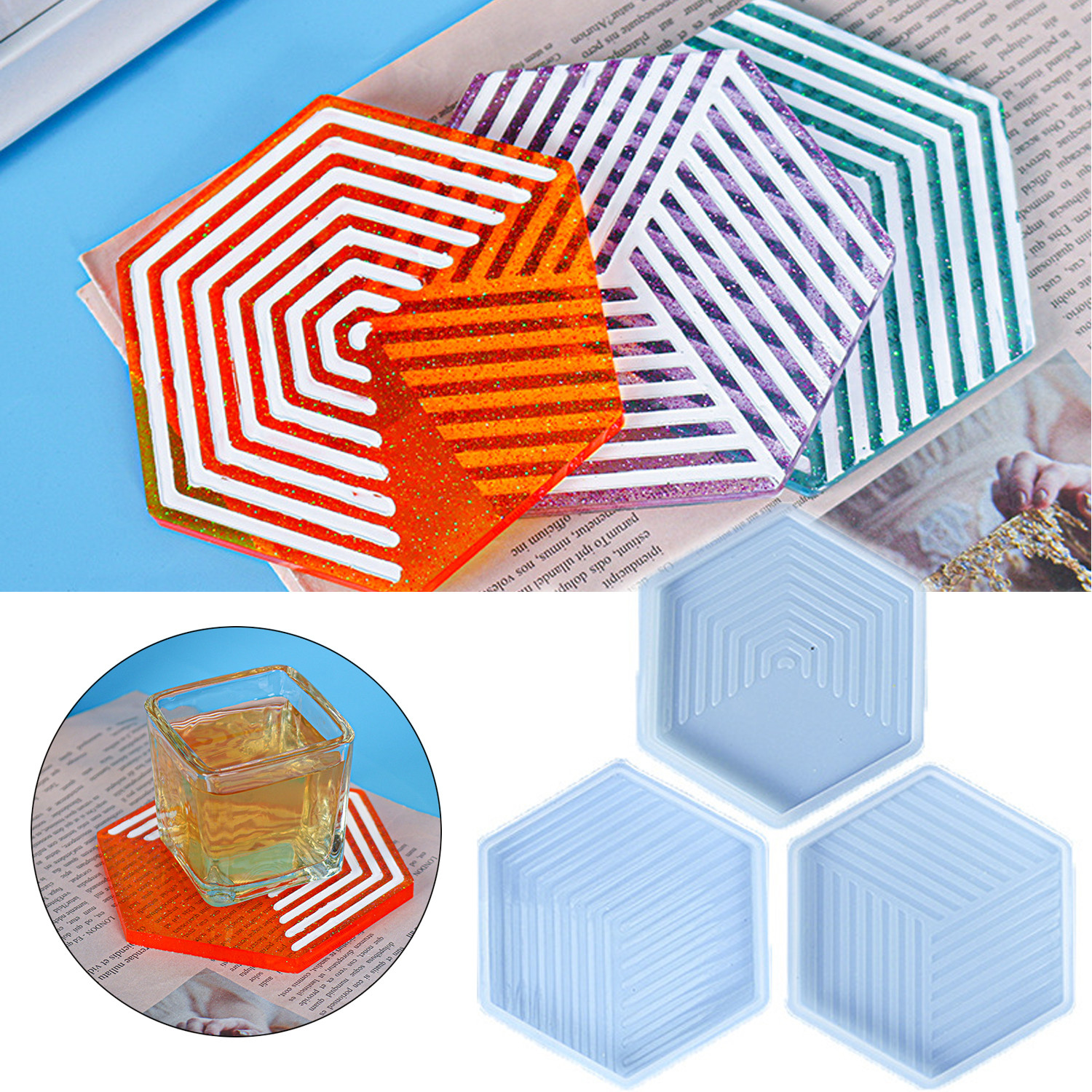 ALDRICH FASHION Handmade Resin Silicone Casting Tray Mould Tea Tray Geometric Stripe Coasters