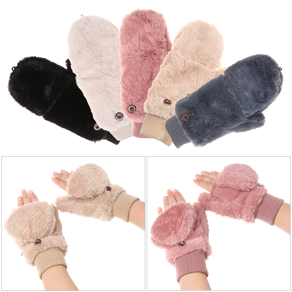 F8C503Y New Fashion Plus Velvet Soft Stretch Windproof Thicken Warm Faux Fur Gloves Plush Mittens Flip Type Gloves
