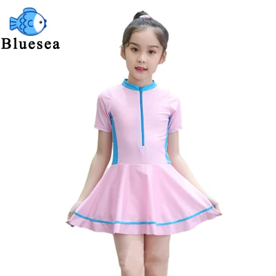 Kids Girls One-piece Swimsuit Quick-drying Conservative Skirt Short-sleeve Swimwear for 3-11 Years (2)