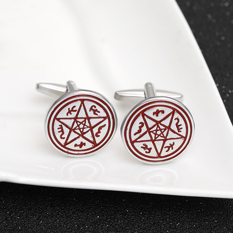 European and American Round Cufflinks Simple Red Pentagram Pattern Men's French Shirt Copper Buttons