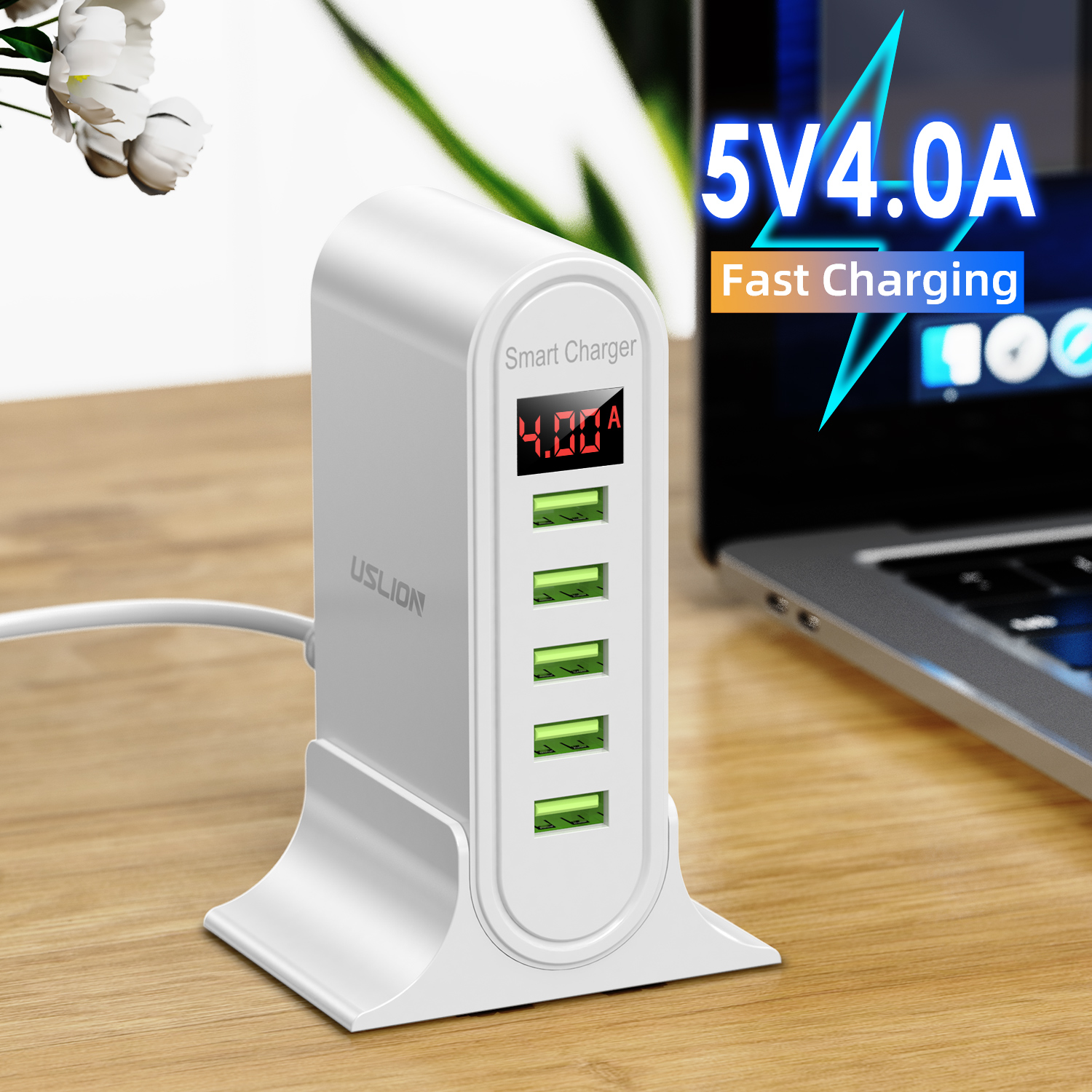 Yifang [Fastชาร์จ] 5-Port USBโทรศัพท์มือถือCharger Fast USB HUBแท่นชาร์จTravel Smart LED Digital DISPLAY EUปลั๊กอเมริกันอังกฤษ