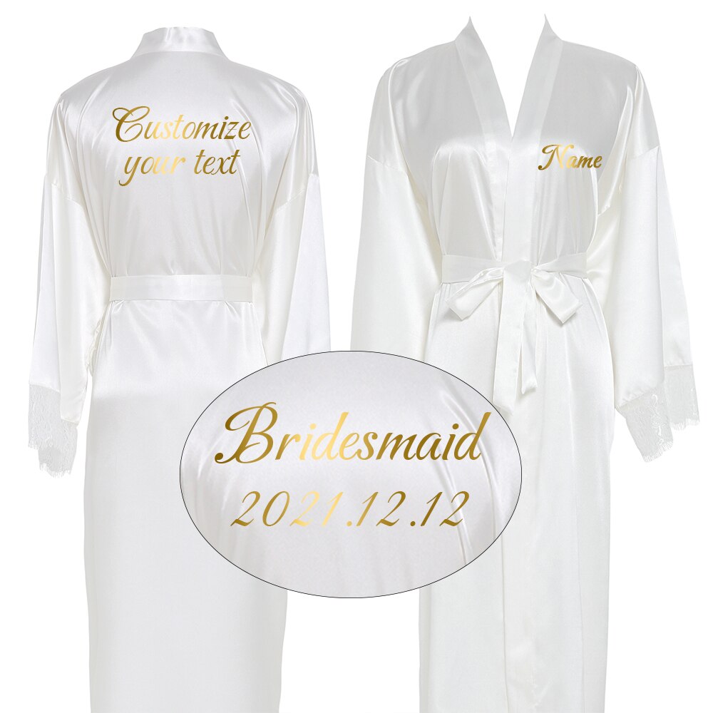 Kimono cô dâu trơn lớn phụ nữ dài áo choàng tắm đám cưới áo choàng lụa satin váy ngủ áo choàng nữ váy choàng ren tùy chỉnh chữ của bạn