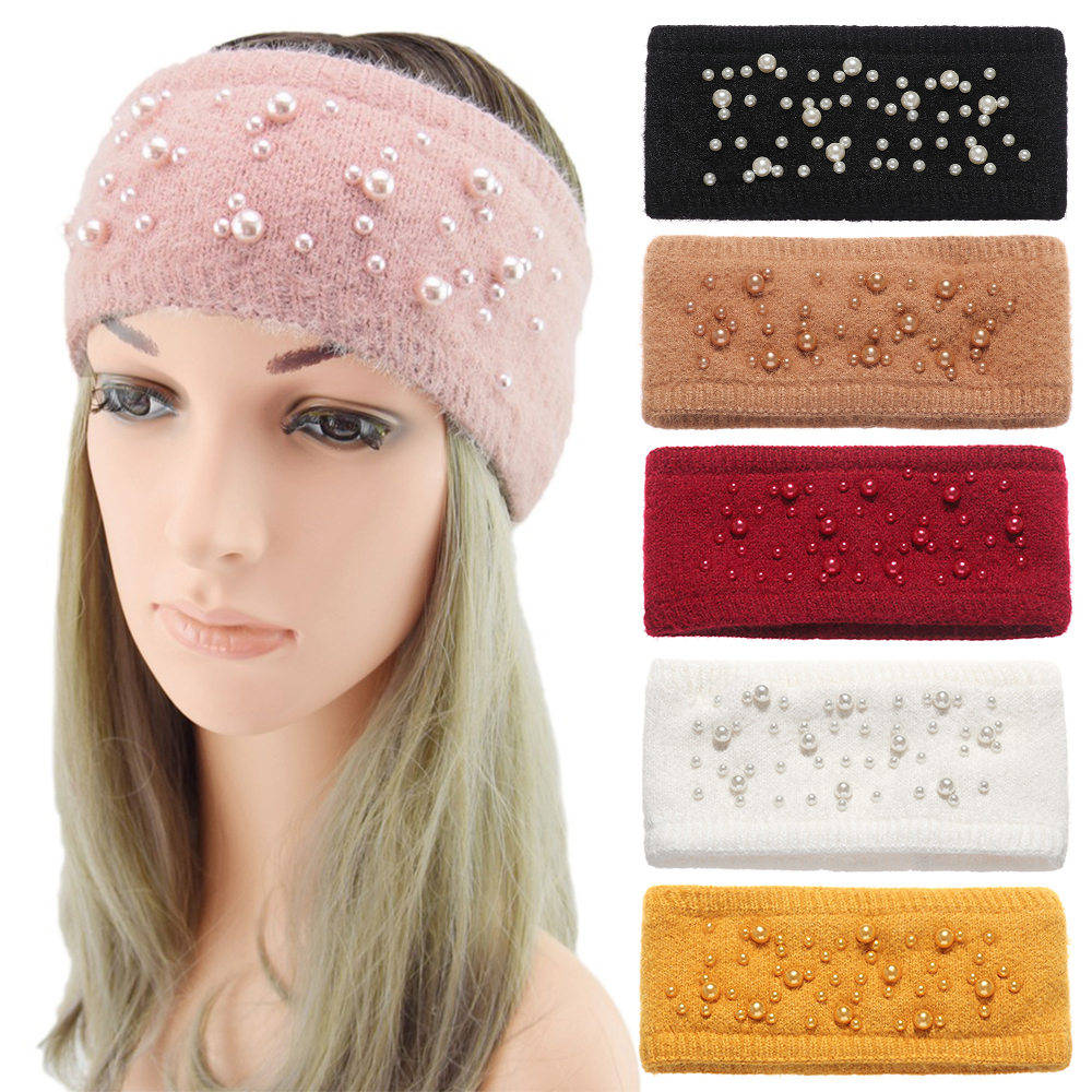 F8C503Y Women Girls Pearl Knitted Wide Stretch Turban Ear Warmer Winter Headbands Headwear