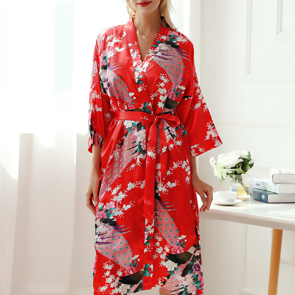 QVPYP เพื่อนเจ้าสาวเสื้อคลุมผ้าไหม Kimono นกยูงเสื้อคลุมนอนชุดนอนชุดคลุมอาบน้ำชุดนอน