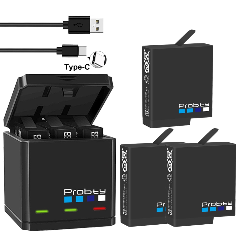 Probty for gopro hero 7 hero 6 hero 5 battery 1680mah + usb triple charger type c for gopro hero 7 6 5 black cameras