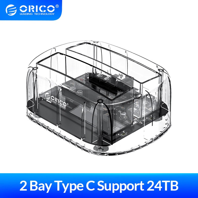 Orico trạm sạc hdd vỏ ổ cứng ssd usb/type c 2.5/3.5 inch type c sao chép ngoại tuyến sata sang usb 3.0 type-c ổ cắm đôi trong suốt