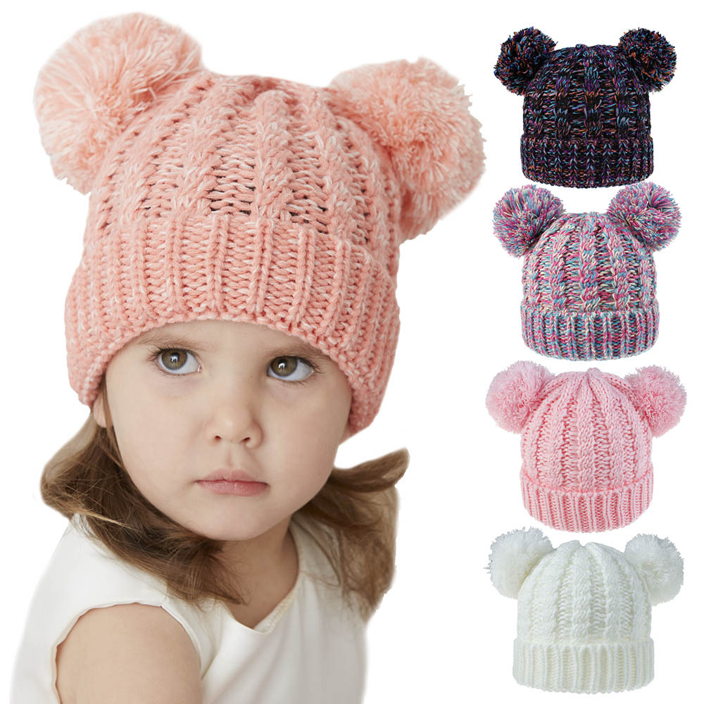 NARGANG89 Outdoor Pom Pom Ears Baby Girl Crochet Children Winter Cap Kids Hats Knitted Infant Toddler Beanies