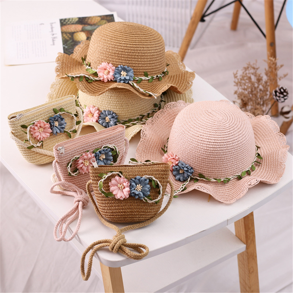 ALDRICH แฟชั่น Casual Sun Beach ฟางสาวหมวกหน้าร้อนกระเป๋าสะพายไหล่หมวกปีกกว้างดอกไม้หมวกบังแดด