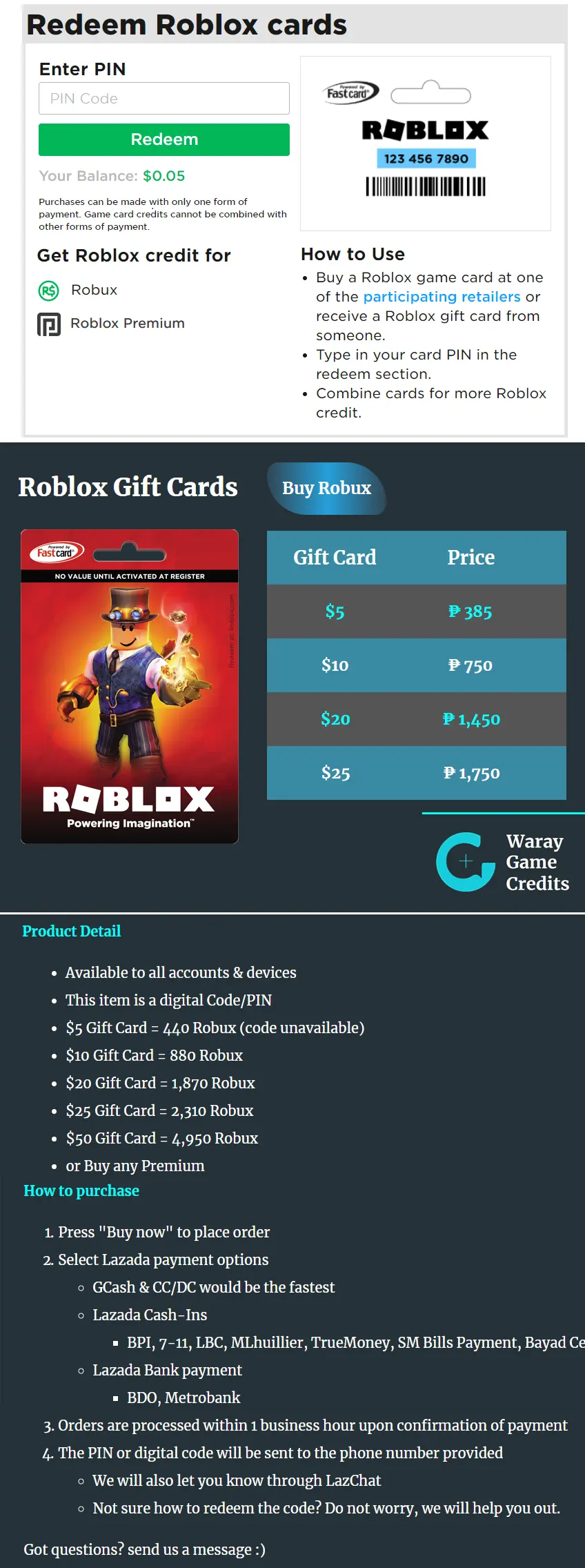 20 Roblox Gift Card 1 870 Robux Premium 2200 Lazada Ph - roblox pin codes