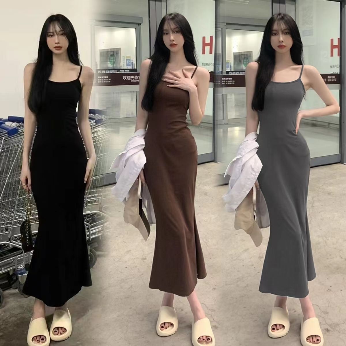 Đầm nữ Váy yếm hở lưng không tay Mùa Thu Dài Đuôi Cá