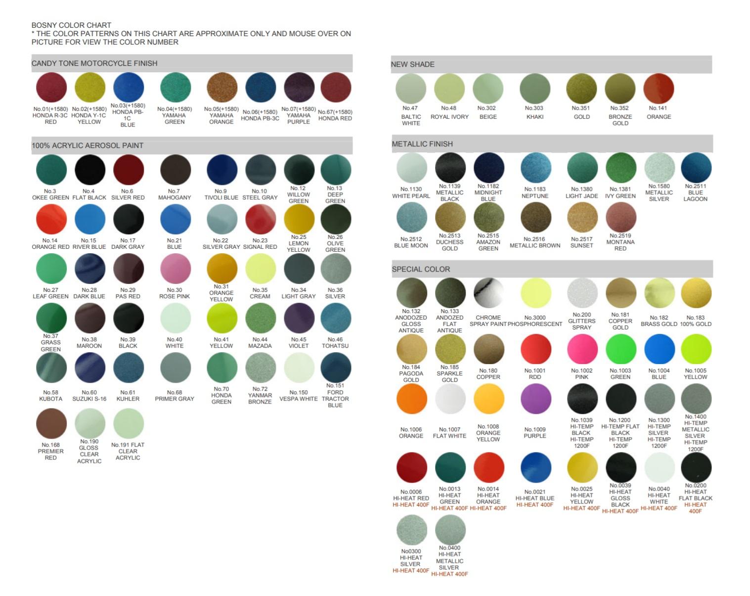 Bosny Spray Paint Color Chart