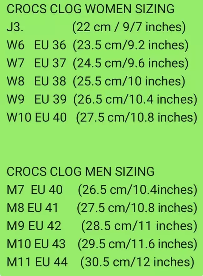 crocs j3 size in inches