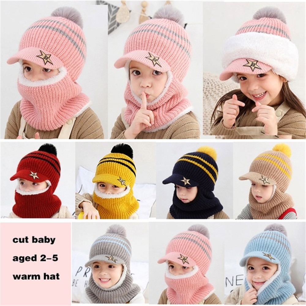 F8C503Y Aged 2-5 Winter Warm Windproof Knitted Beanie Hat Balaclava Hat Scarf Boy Girl Baby Hat Fleece Lining Caps