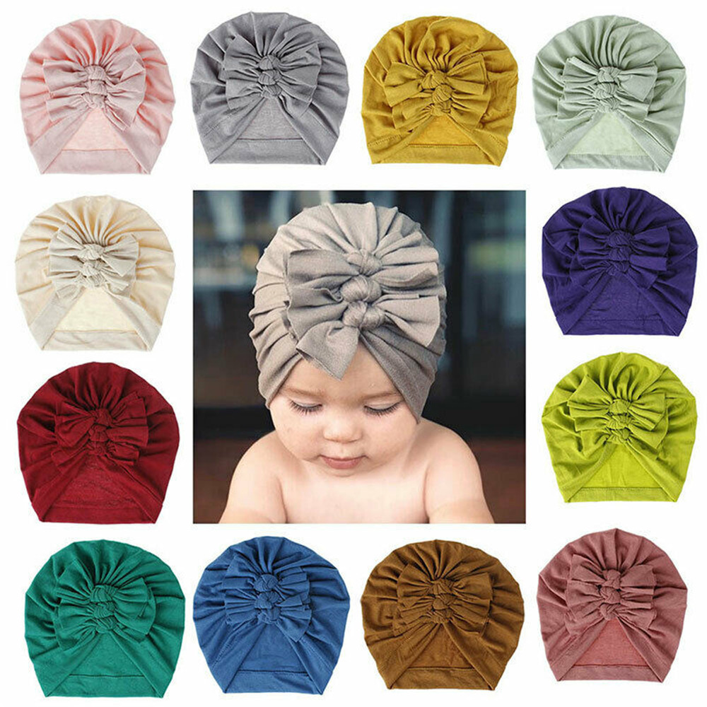 MILDNESS DIGITAL GOODS Soft Turban Three Bowknot Infant Newborn Headband Hat Head Wrap Knot Headband Baby Beanie Hat