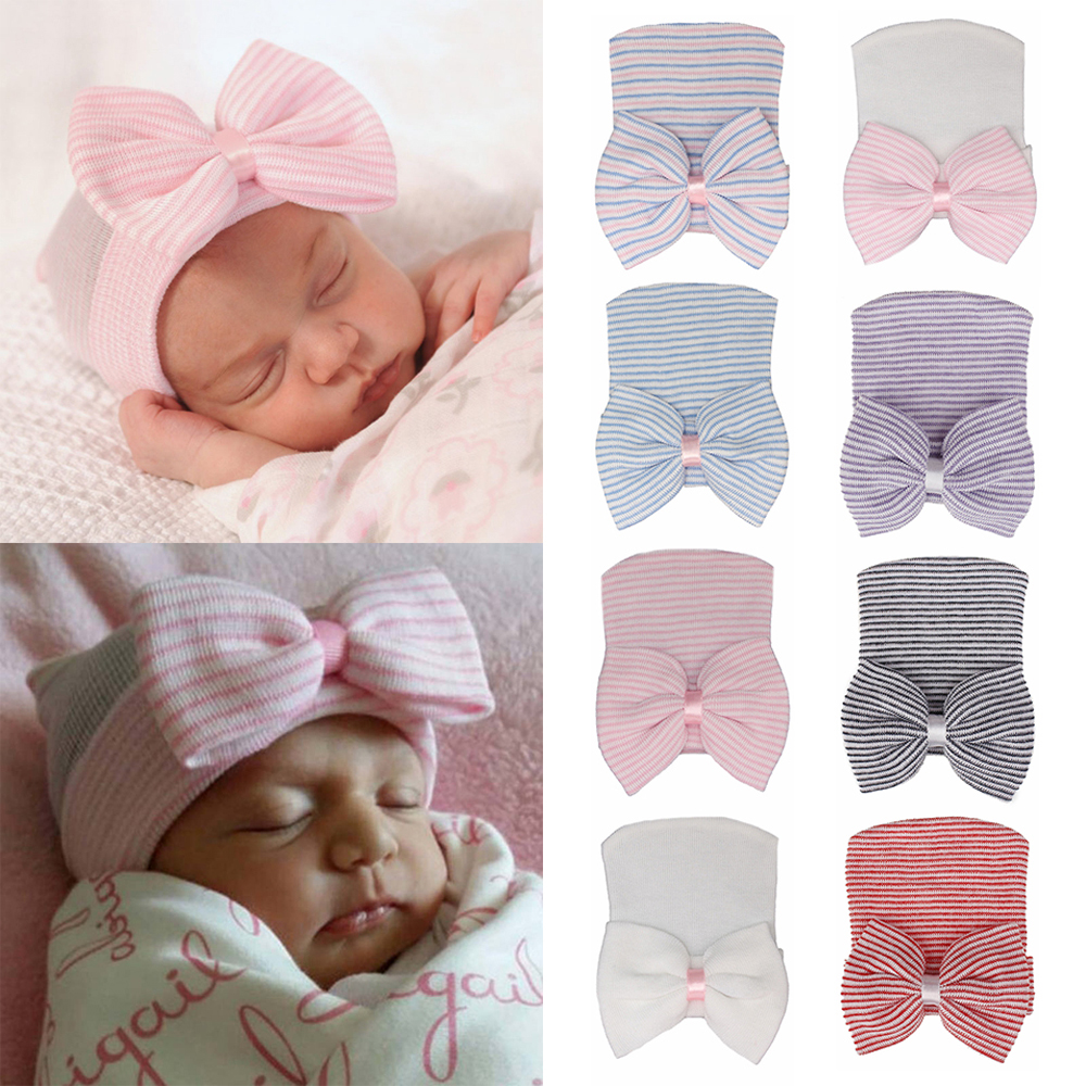 NIAOJIU New Stripe Infant Hat Soft for Baby Girls Cap with Bow Newborn Hospital Hat Nursery Beanie Baby Hats