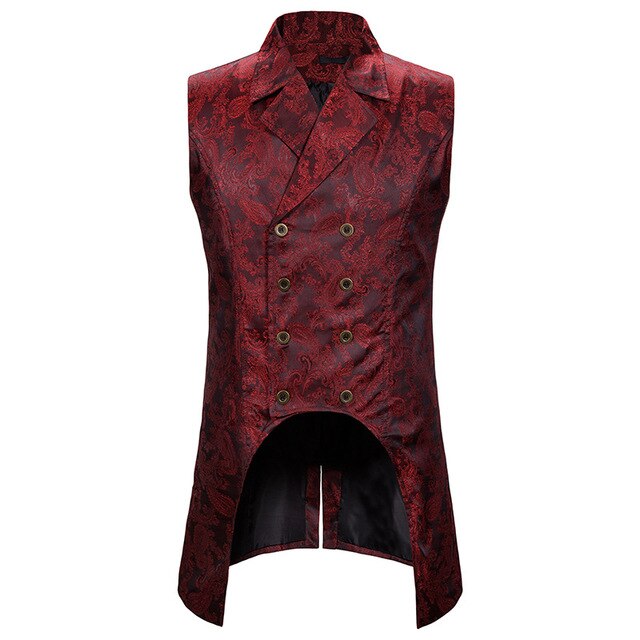 สีแดงไวน์ Paisley Jacquard เสื้อกั๊กแขนกุดแขนยาวชายคู่ Breasted Lapel ผ้าเสื้อกั๊ก Waistcoat Mens Gothic Steampunk Tailcoat